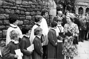Queen Elizabeth II chats to the choirboys during a visit to Hexham Abbey 1st July Queen Elizabeth II chats to the choirboys during a visit to Hexham Abbey 1st July