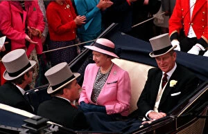 Images Dated 19th June 1991: Queen Elizabeth II and Prince Philip riding in a Landau carriage at Royal Ascot