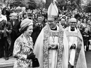 Queen Elizabeth II during a visit to Hexham Abbey with Bishop of Newcastle Rt Rev Ronald Queen Elizabeth II during a visit to Hexham Abbey with Bishop of Newcastle Rt Rev Ronald