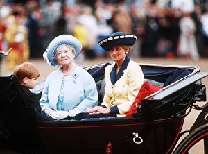 Queen Elizabeth, the Queen Mother and Diana, Princess of Wales ride together with young Queen Elizabeth, the Queen Mother and Diana, Princess of Wales ride together with young