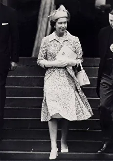 The Queen leaving church wearing patterned dress and hat - July 1982 13/07/1982 The Queen leaving church wearing patterned dress and hat - July 1982 13/07/1982