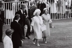 The Queen Mother June 1980 And Princess Margaret walking down the race course at The Queen Mother June 1980 And Princess Margaret walking down the race course at