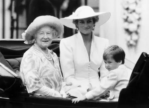 Queen Mother with Princess Diana and Prince William in an open carriage during Queen Mother with Princess Diana and Prince William in an open carriage during