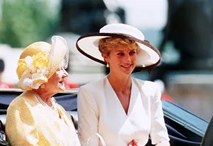 Queen Mother rides in an open top carriage with Princess Diana during the Trooping Queen Mother rides in an open top carriage with Princess Diana during the Trooping