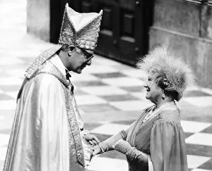 Queen Mother is welcomed by Dr Robert Runcie the Archbishop of Canterbury on the occasion