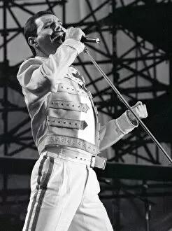 Images Dated 9th July 1986: Queen Rock Group - Freddie Mercury in concert at St James Park in Newcastle. 1986