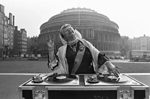 A Queen Victoria lookalike DJ-ing outside the Royal Albert Hall 9th March 1987