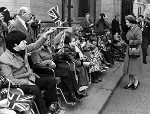 Images Dated 5th May 1982: The Queen visits Manchester, 5th May 1982. Disabled youngsters provide a patriotic
