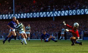 Rangers versus Celtic Peter Grant scores past Graham Roberts October 1987 Rangers versus Celtic Peter Grant scores past Graham Roberts October 1987