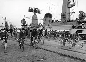 Images Dated 17th December 1979: Ratings from HMS Jupiter seen here taking part in a cycle race started from the bridge of