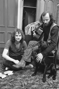 Reading Folk Festival June 1971. Back stage Mike Chapman with his dog Arthur Reading Folk Festival June 1971. Back stage Mike Chapman with his dog Arthur