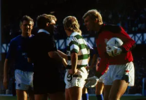 Referee talks to Celtic and Rangers players October 1987 Frank McAvennie Referee talks to Celtic and Rangers players October 1987 Frank McAvennie