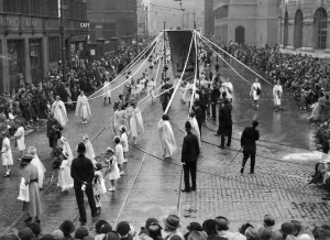 Religion Holidays Whit Sunday The scene as the Whitsun procession wends its way Religion Holidays Whit Sunday The scene as the Whitsun procession wends its way