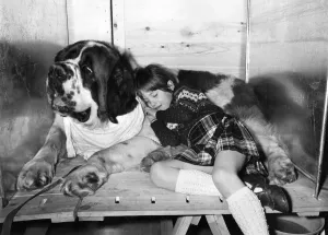 Resting-Suzannah snuggles up to her pet St Bernard. February 1982 P006084 Resting-Suzannah snuggles up to her pet St Bernard. February 1982 P006084