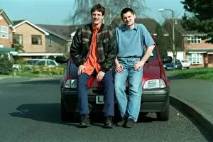 Images Dated 20th October 1997: Richard Alford TV Presenter October 97 Sitting on car with his best mate Dean