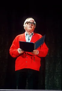Richard Attenborough speaking wearing a red cardigan Richard Attenborough speaking wearing a red cardigan