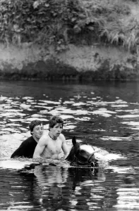 00363 Gallery: Into the River Eden for a wash for this horse and two bareback riders at the Appleby