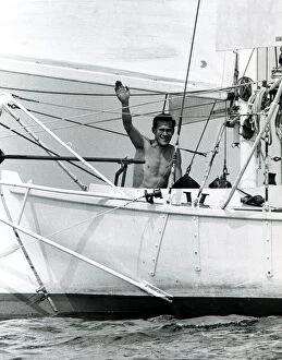 00093 Gallery: Robin Knox Johnston waves to his parents from his Suhaili boat at Falmouth before his
