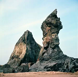 Rock formation on the beach near Crantock, Cornwall. 19th August 1973