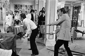 Roger Moore and Tony Curtis fight with each other on the set of The Persuaders Roger Moore and Tony Curtis fight with each other on the set of The Persuaders