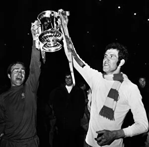 Images Dated 11th August 2014: Ron Harris & Peter Osgood of Chelsea holding the FA cup as they celebrate victory against