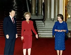 Ronald Reagan with his wife Nancy and the Queen at Buckingham Palace. 2nd June 1988