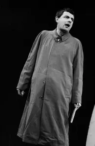 Rowan Atkinson during Royal Variety show rehearsals 1984 in raincoat Rowan Atkinson during Royal Variety show rehearsals 1984 in raincoat