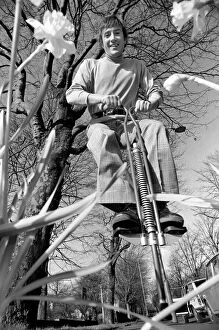 Roy Castle on a pogo stick. January 1975 75-00573-002