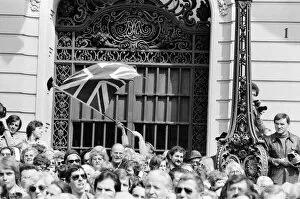 Images Dated 1st May 1980: The royal tour of Switzerland. Pictured, a lone union jack on a broomstick being waved by