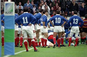 Images Dated 19th October 1991: Rugby World Cup 1991. Franck Mensel no 12 stand on the try line with Thierry Lacroix 10