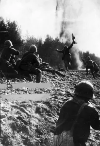 Russian army soldiers in action fighting against the German army on the Eastern front Russian army soldiers in action fighting against the German army on the Eastern front