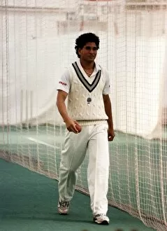 Sachin Tendulkar cricket player stands in whites in practice nets Circa July 1992