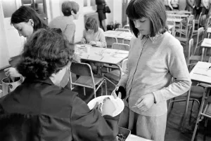 School Dinners. General scenes of school dinner. Ladies serving meal to pupils in School Dinners. General scenes of school dinner. Ladies serving meal to pupils in