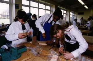Schoolchildren in a design technology (woodwork) class. April 1997 Schoolchildren in a design technology (woodwork) class. April 1997