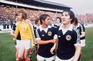 Scotland footballers Tom Forsyth and goalkeeper Alan Rough celebrate victory over England Scotland footballers Tom Forsyth and goalkeeper Alan Rough celebrate victory over England