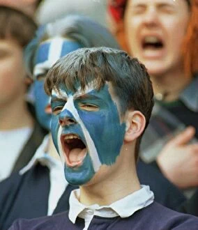 Images Dated 2nd March 1996: Scotland supporter shouts encouragement to rugby team during international against