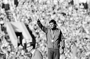 Sebastian Coe acknowledges crowd during medal ceremony after Mens 1500 metres final at Sebastian Coe acknowledges crowd during medal ceremony after Mens 1500 metres final at