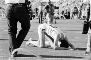 Sebastian Coe collapses to the ground with relief after winning the Mens 1500 metres Sebastian Coe collapses to the ground with relief after winning the Mens 1500 metres
