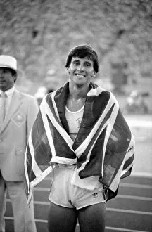 Images Dated 9th August 1984: Sebastion Coe draped in a Union Jack at the 1984 Olympics in Los Angeles