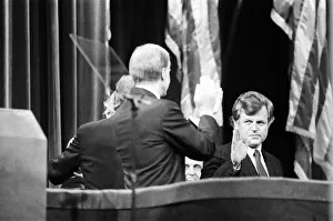 Senator Edward Kennedy acknowledges President Carter who has just finished his acceptance Senator Edward Kennedy acknowledges President Carter who has just finished his acceptance