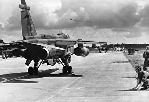 SEPECAT Jaguar GR3A's of 54 Squadron seen here taxi-ing to the runway at RAF SEPECAT Jaguar GR3A's of 54 Squadron seen here taxi-ing to the runway at RAF