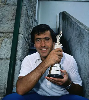 Seve Ballesteros golfer holding British Open trophy claret jug, July 1980 Seve Ballesteros golfer holding British Open trophy claret jug, July 1980