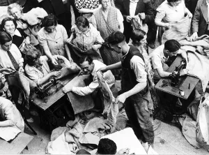 Sewing sand bags in the East End of London during WW2 1939 Sewing sand bags in the East End of London during WW2 1939