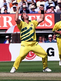 Images Dated 17th June 1999: Shane Warne of Australia celebrates after taking a wicket against South Africa in