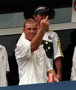 Shane Warne celebrates Australia's win july 1997 after match at Old Trafford Shane Warne celebrates Australia's win july 1997 after match at Old Trafford