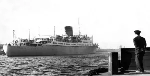 00093 Gallery: The ship Ocean Monarch (now called Varna) leaves the River Tyne after her refit at