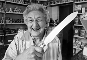 Shopkeeper Dorothy Gleave holding a knife that she used to chase away two armed teengaers Shopkeeper Dorothy Gleave holding a knife that she used to chase away two armed teengaers