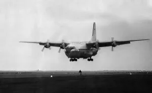 A Short brothers Belfast freighter plane comes in to land at Shorts air strip A Short brothers Belfast freighter plane comes in to land at Shorts air strip
