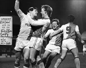 Images Dated 3rd March 1987: Simon Garner (left) Blackburn Rovers football player celebrates after scoring a goal with