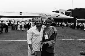 Singer Phil Collins & wife Jill Travelman at London Heathrow Airport 13th July 1985 Singer Phil Collins & wife Jill Travelman at London Heathrow Airport 13th July 1985